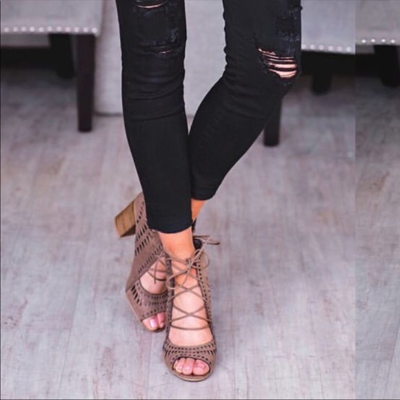 Taupe Laser Cut Gladiator Lace Up Peep Toe Sandal - Picture 3 of 5